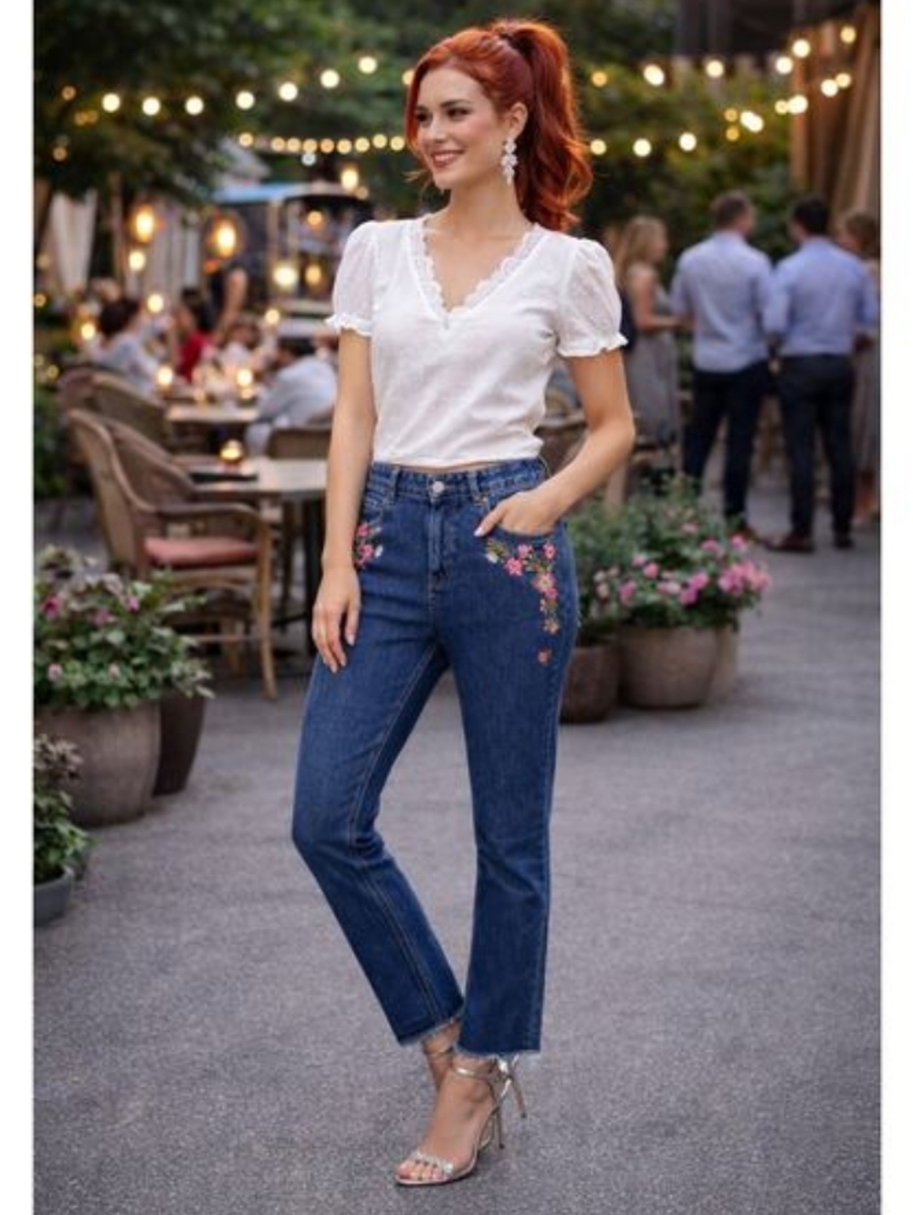 Kate Spade Broome Street ditsy floral embroidered raw hem straight leg jeans - Picture 6 of 7